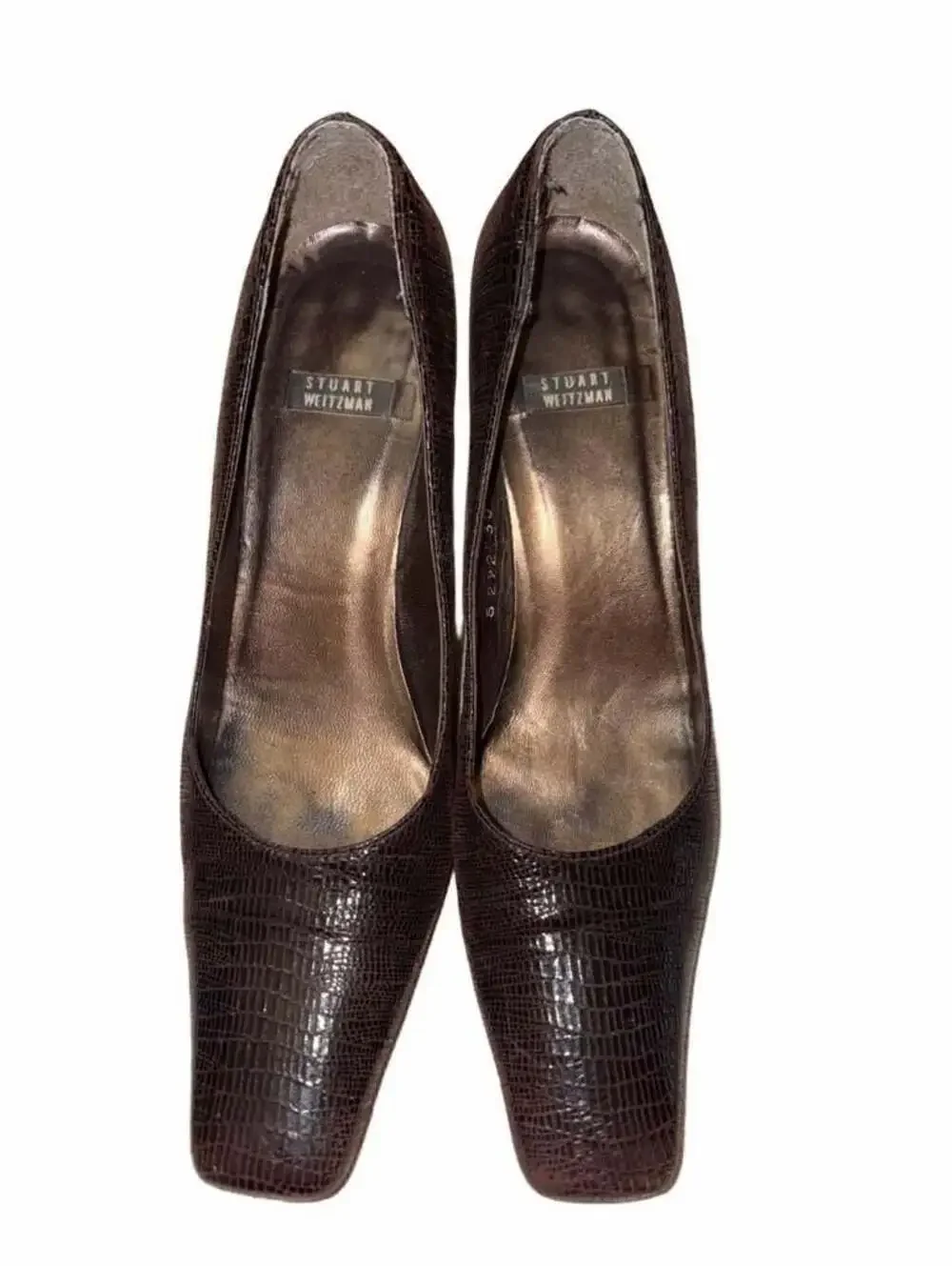 Stuart Weitzman Brown Snake Embossed Leather Square Toe Block Heel Pumps